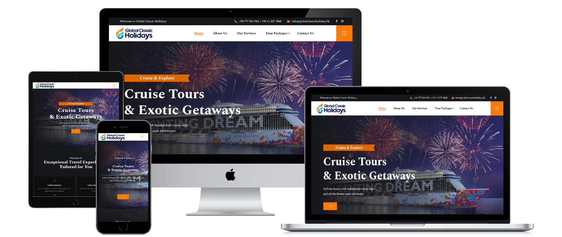 Global Classic Holidays website shown on desktop, laptop, tablet and phone