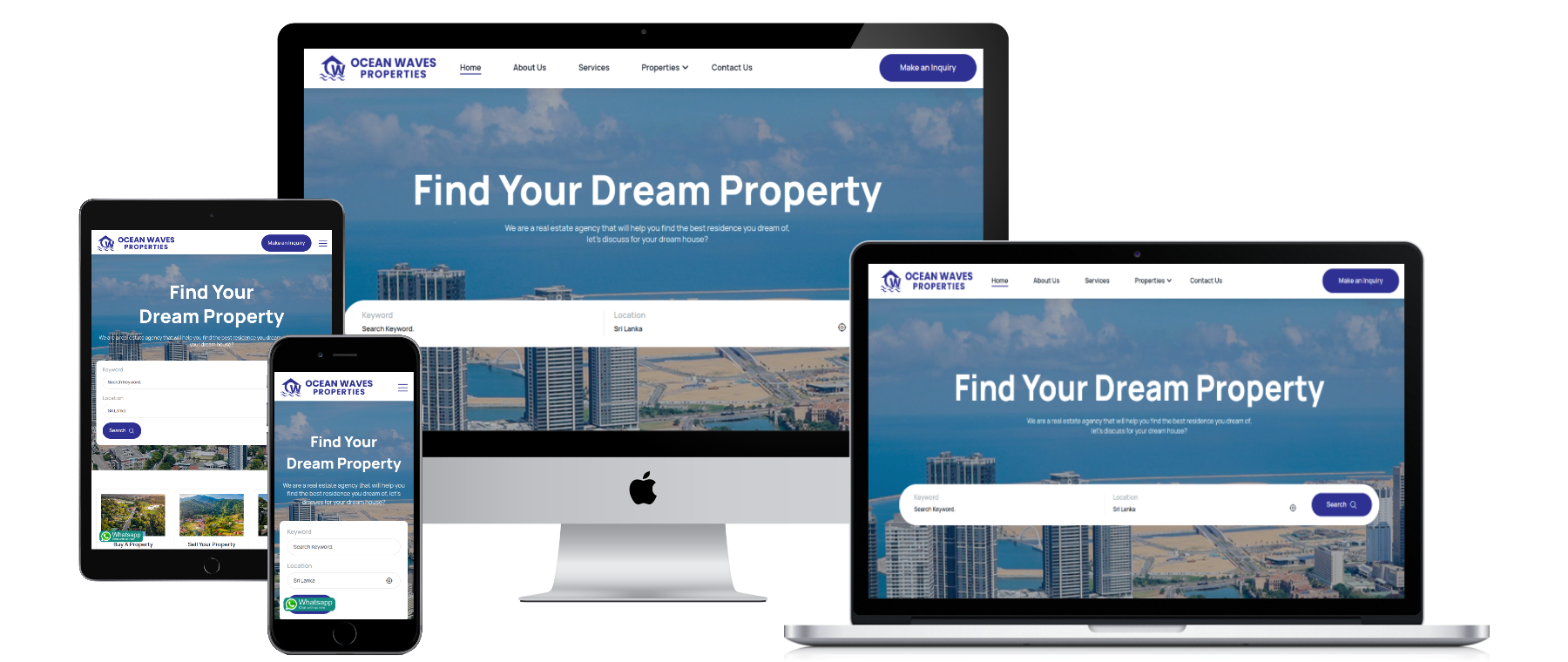 Ocean Waves Properties website shown on desktop, laptop, tablet and phone