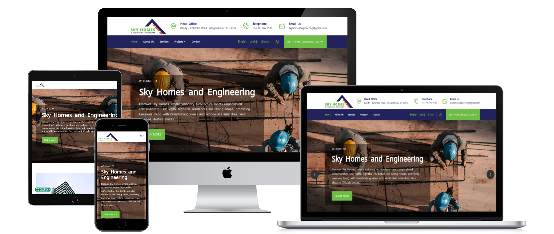 Sky Homes Engineering website shown on desktop, laptop, tablet and phone