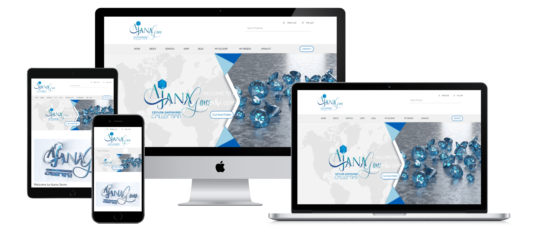 Ajana Gems website shown on desktop, laptop, tablet and phone